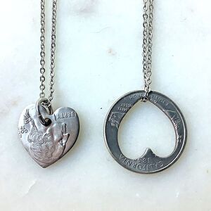 Double Heart Necklaces Hand Cut US Quarter Two Halves of Whole - 2 Necklace Set